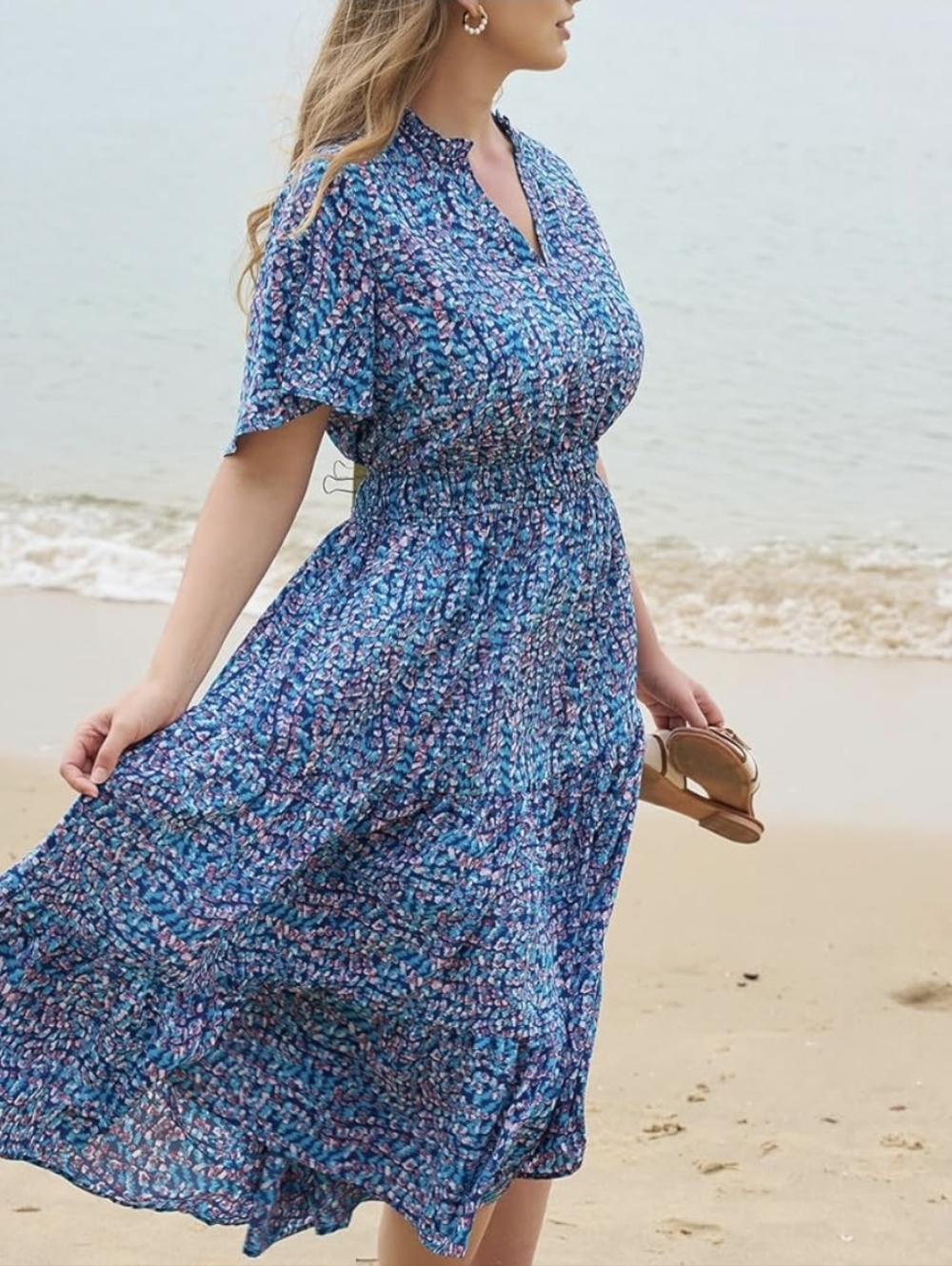 Blue Floral Midi Dress with Smocked Waist - Picture 4 of 5